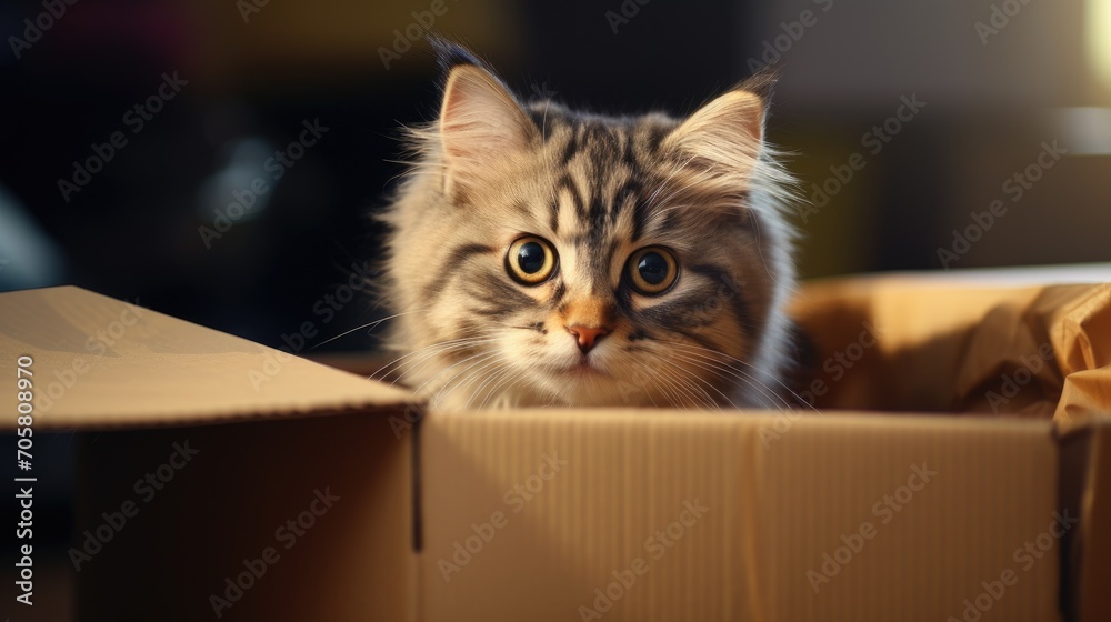 Cute cat in cardboard box on floor Cute cat in cardboard box on floor