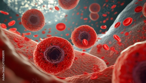 view under a microscope blood red blood cells in a living body 3d
