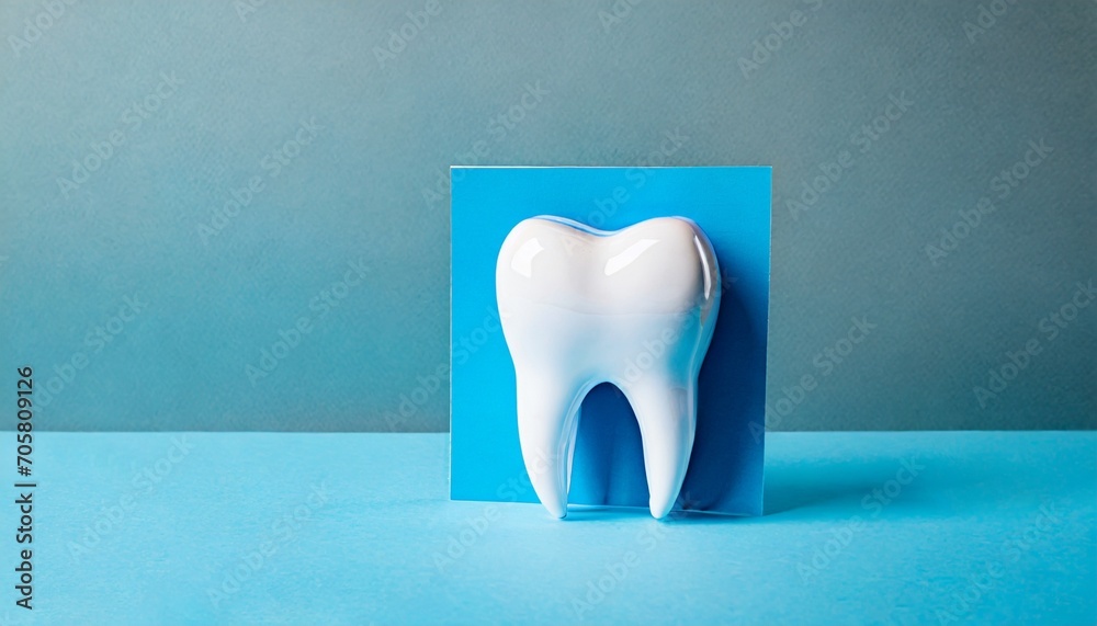 white tooth on blue background with copy space minimalistic design for advertising a dental clinic orthodontist s business cards - obrazy, fototapety, plakaty 