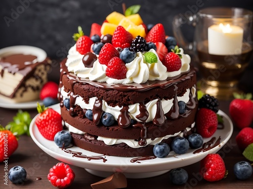 Free photo chocolate cake with whipped cream and fruits