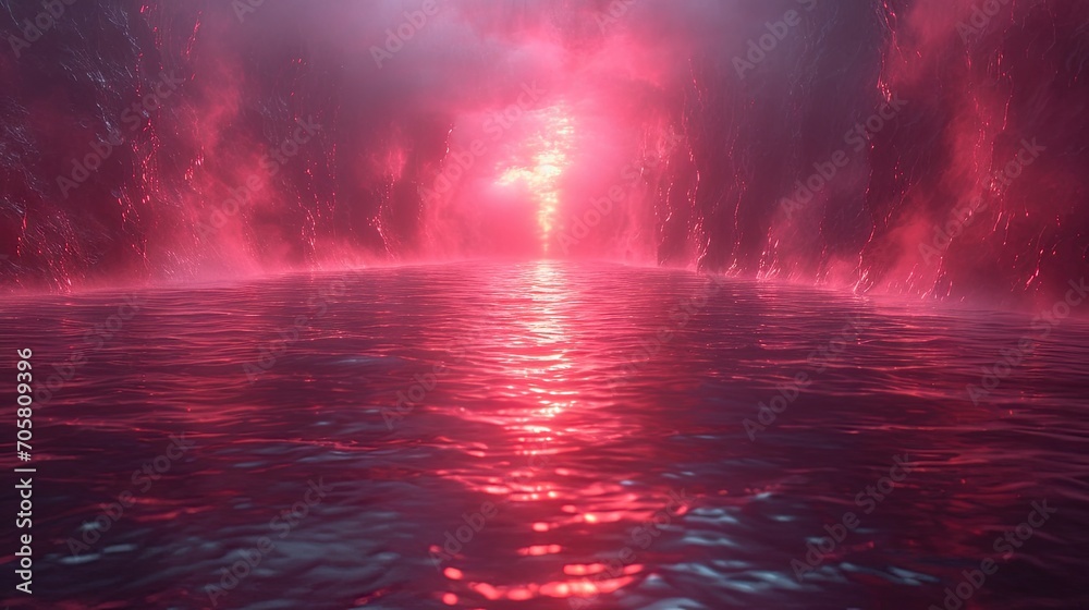 Big Flamelit Structure on the Ground Background in the Style of Mystical Fantasy - Luminosity of Water Light Black and Crimson Epic Emotional Imagery Wallpaper created with Generative AI Technology