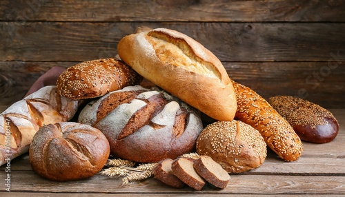 heap of fresh baked bread on wooden background