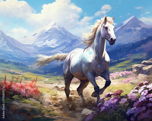 painting horse in the mountains, spring, white horse - ai generated