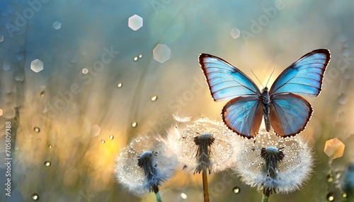 natural pastel background morpho butterfly and dandelion seeds of a dandelion flower in drops of water on a background of sunrise