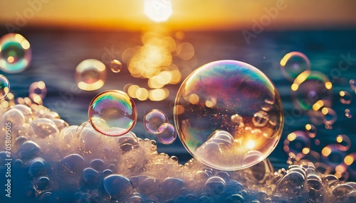 soap bubbles into the sunset with beautiful bokeh close up