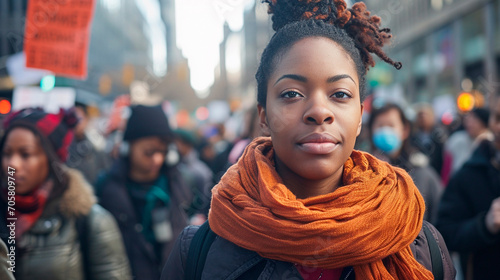 Portrait of a black woman marching in protest with a group of people in city street.