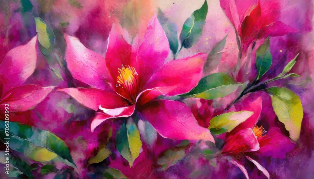 vibrant petals dance in a whimsical canvas of fuchsia bursting with an ethereal blend of art and nature