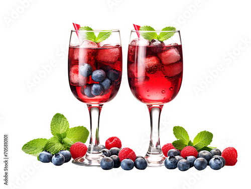 Red Homemade Drink in Glasses with Ice Cubes, Blueberries, and Fresh Mint, isolated on a transparent or white background