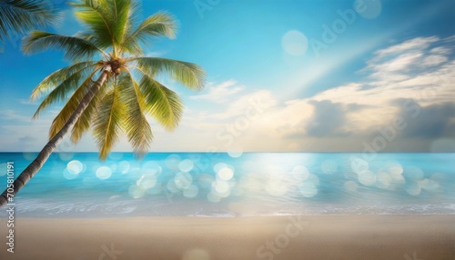 abstract seascape with palm tree tropical beach background blur bokeh light of calm sea and sky summer vacation background concept