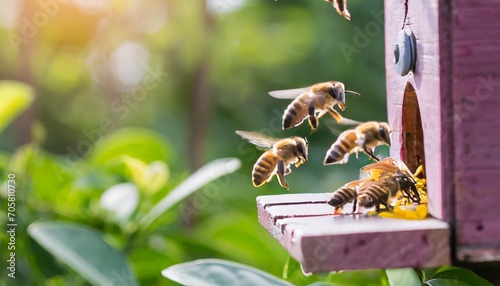 honey bees swarming and flying around their beehive in the morning