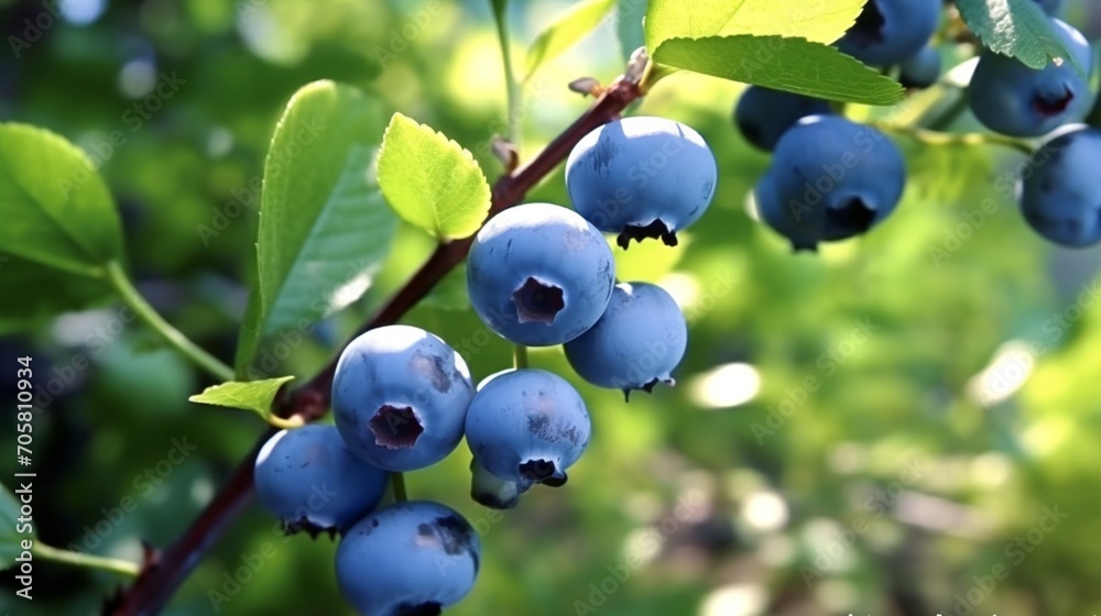 A sprig of blueberries on a bush.Front view.Generative AI A sprig of blueberries on a bush.Front view.Generative AI