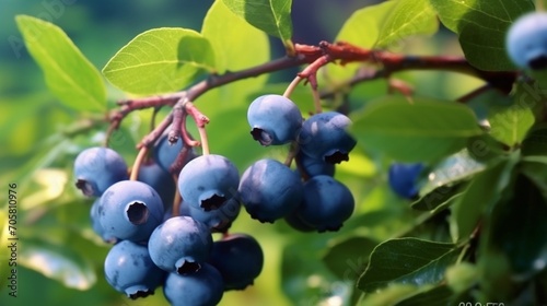 A sprig of blueberries on a bush.Front view.Generative AI