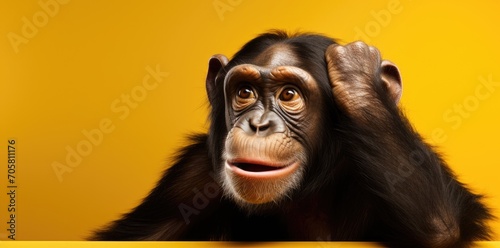 portrait of monkey with thinking expression on yellow background © Tikka MS