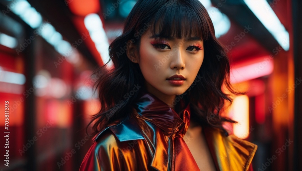 Portrait of fashion asian model, in style of futurism fashion, saturated color Portrait of fashion asian model, in style of futurism fashion, saturated color