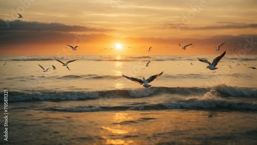 seagulls flying over the sea at sunset © Ankor_stock.