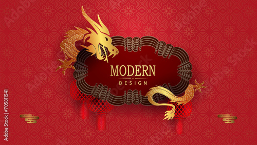 Chinese New Year. Isolated frame with dragon on a textured red background.