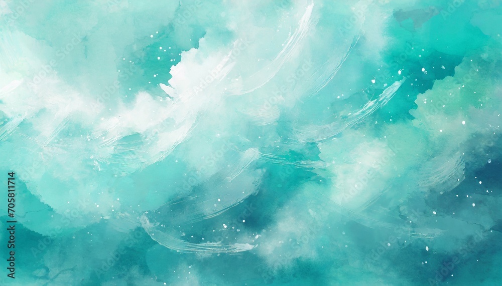 blue turquoise teal mint cyan white abstract watercolor colorful art background light pastel brush splash daub stain grunge like a dramatic sky with clouds or snow storm cold wind frost winter - obrazy, fototapety, plakaty 