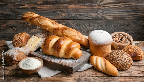 different bakery products on wooden background