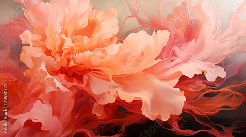 Abstract background in peach fuzz colors. Dynamic floral dance, red swirls. Flowing petals, fiery elegance. Abstract bloom, warm movement