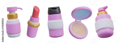 Set of 3D elements of care and decorative cosmetics. Pink bottles and jars of various types, red lipstick, powder box with mirror. Isolated illustration on white background