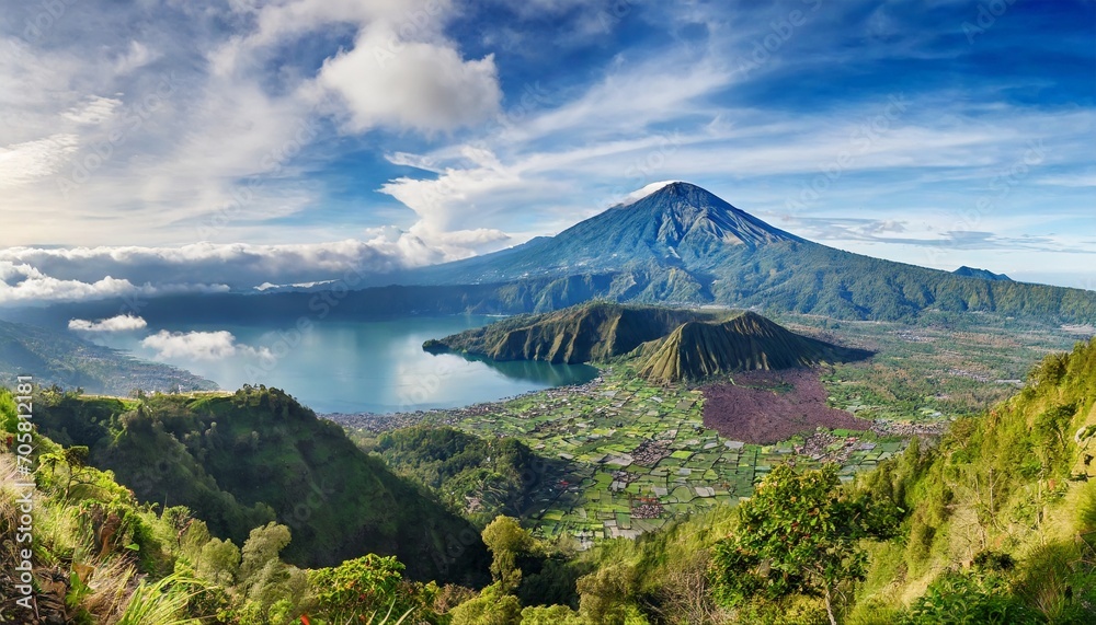 panorama of batur and agung volcano mountain bali indonesia - obrazy, fototapety, plakaty 