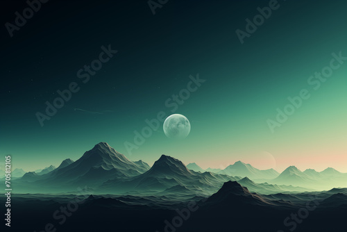 Minimal blue textured landscape mountain background with moon. 3D render of modern wallpaper desing, sunset