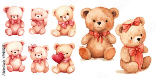 set of cute Valentine teddy bears isolated on white