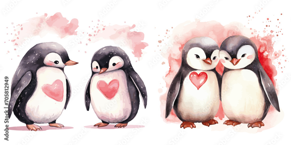 Fototapeta premium two couple loving penguins with a hearts in love