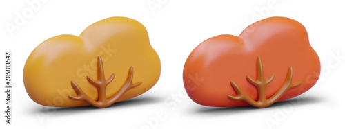 Set of autumn bushes of different colors in plasticine style. Cute decorative elements for voluminous seasonal decorations, landscapes, scenes. Angled vector element with shadow