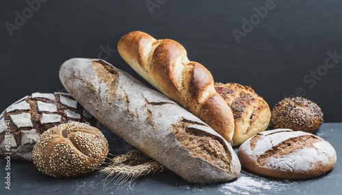 bakery rustic crusty loaves of bread and buns on black