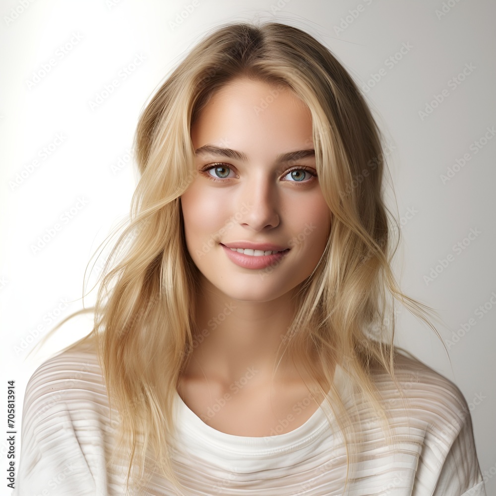 Fototapeta premium young happy blonde woman posing and looking in camera,white background