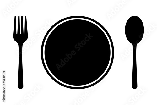 Plate and utensils icon. Plate, fork and spoon. Restaurant and eating out concept. Vector.