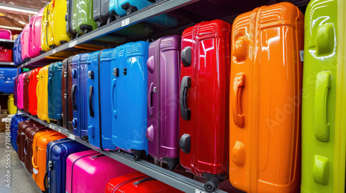Stylish suitcases on color background. Packed travel colorful suitcases. Many multi colored big suitcases or luggage in shop photo