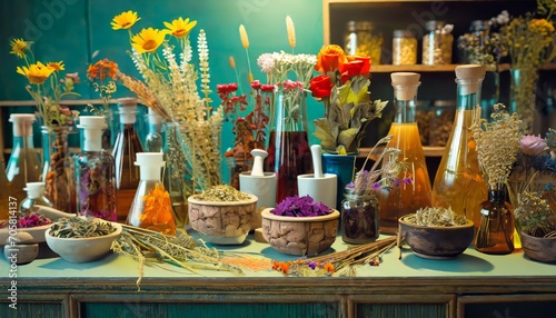 herbal apothecary aesthetic concept natural dried plants herbs spices flowers ingredients in vintage inspired pharmacy organicnalternative medicine ai