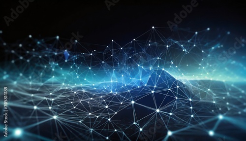 abstract futuristic of polygonal surface with connecting dots on black background neural mesh representing internet connections cloud computing and blockchain distributed network