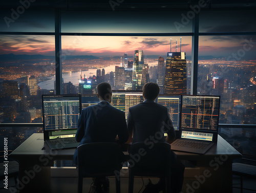 Empresarios e inversores multimillonarios generando dinero con inversiones en un Rascacielos en Nueva York, al amanecer, bolsa de valores photo