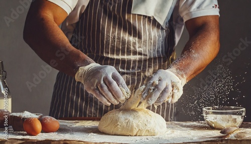 hands of baker s male knead dough photo