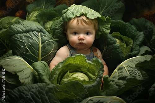 little kid in cabbage. Baby standing in green cabbage in the garden