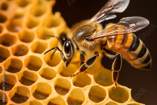 Bee exploring honeycomb. Generative AI © Taha