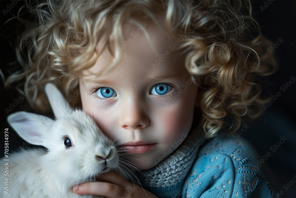portrait of a little curly blonde girl with bright blue eyes in a blue sweater hugging a white rabbit portrait of a little curly blonde girl with bright blue eyes in a blue sweater hugging a white rabbit