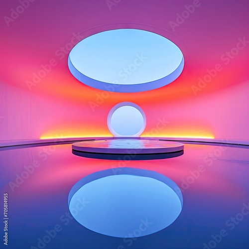 A Chinese Pavilion and Water Background - Neon Bright Colors Fashion Shot - Bright Lighting Neon Architecture Wallpaper created with Generative AI Technology