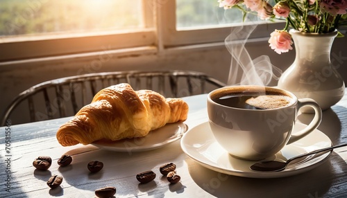 fresh breakfast with hot coffee and croissant in morning sunligh photo