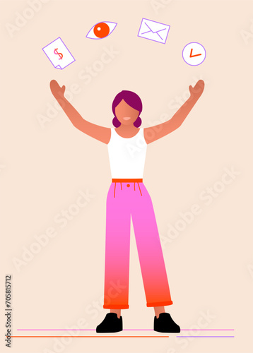 Illustration vectorielle d’une jeune femme levant les bras et contenant des icônes