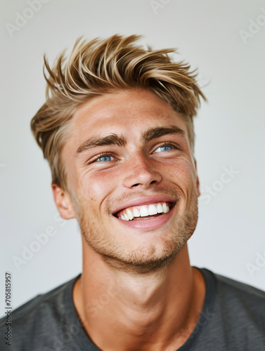 Close-up portrait of a young guy in a T-shirt, he is cheerful and smiling