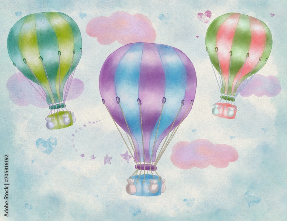 Flying hot air balloons watercolor illustration 