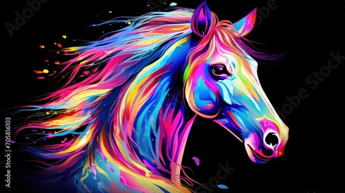 Colorful Horse head on dark background. Generative AI photo
