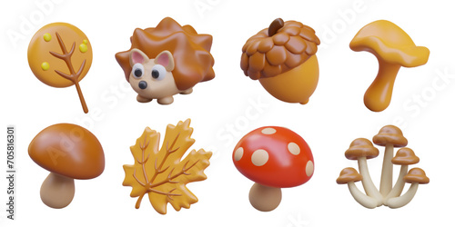 Autumn food, decorative elements, animal character in cute style. Tree, leaves, mushrooms, hedgehog, acorn. Set of isolated illustrations for children sites, apps, games, advertising compositions