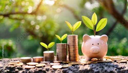 money coins stack growing graph and piggy bank nature background business concept photo