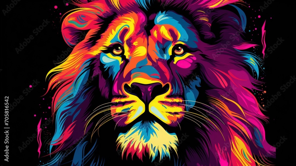 Colorful Lion head on dark background. Generative AI