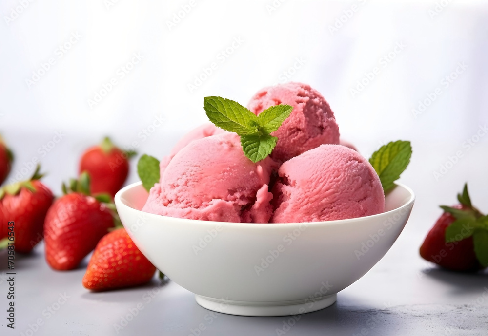 Balls of strawberry ice cream with mint leaves in a bowl on a white background, strawberries lie nearby Balls of strawberry ice cream with mint leaves in a bowl on a white background, strawberries lie nearby